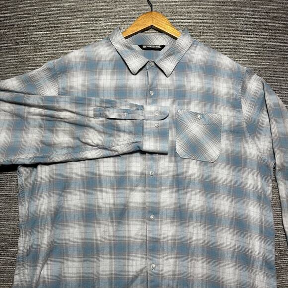 Travis Mathew Flannel Button Up Shirt Men's 2XL Blue Gray Plaid Long Sleeve - Picture 1 of 13